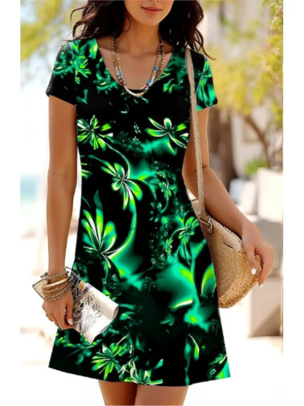 Elegant Summer Dress Women Casual V Neck Flower Print Boho Beach A Line Dress
